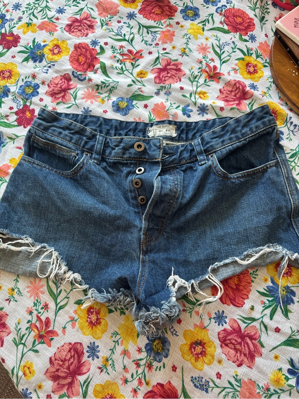 Free People Medium Blue Distressed Button-Fly Denim Shorts